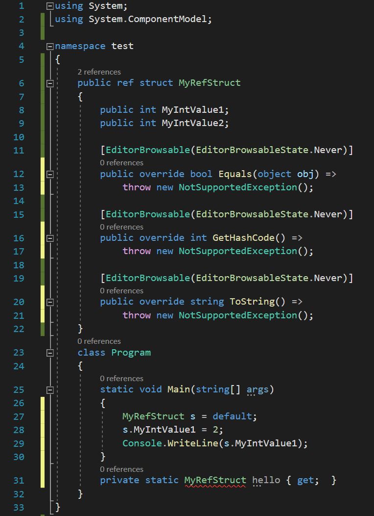 ตัวอย่างโค้ดแสดงนิยาม ref struct